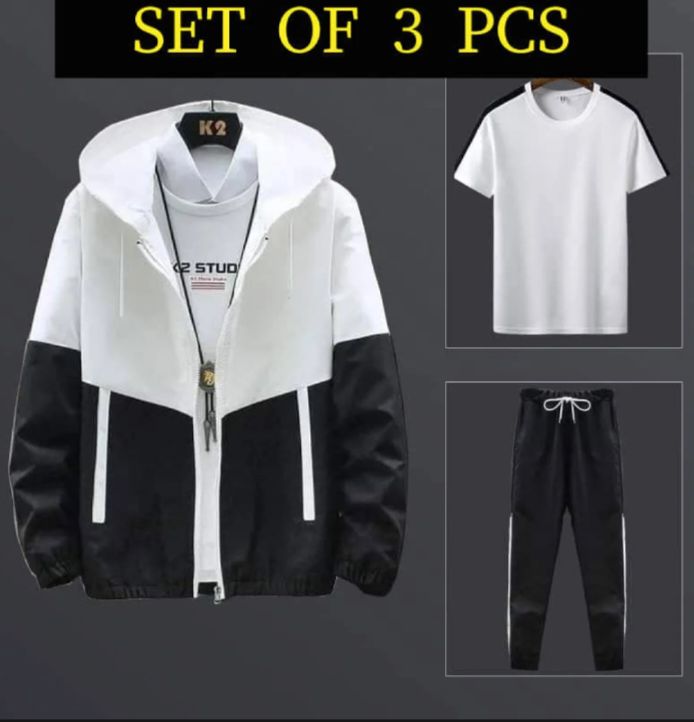 Set Of 3 Pcs Men'S Comfortable Summer Single layer Windcheater Jacket Trouser And Multicolor T-Shirt - Fashion | Jackets For Men | Trousers For Men