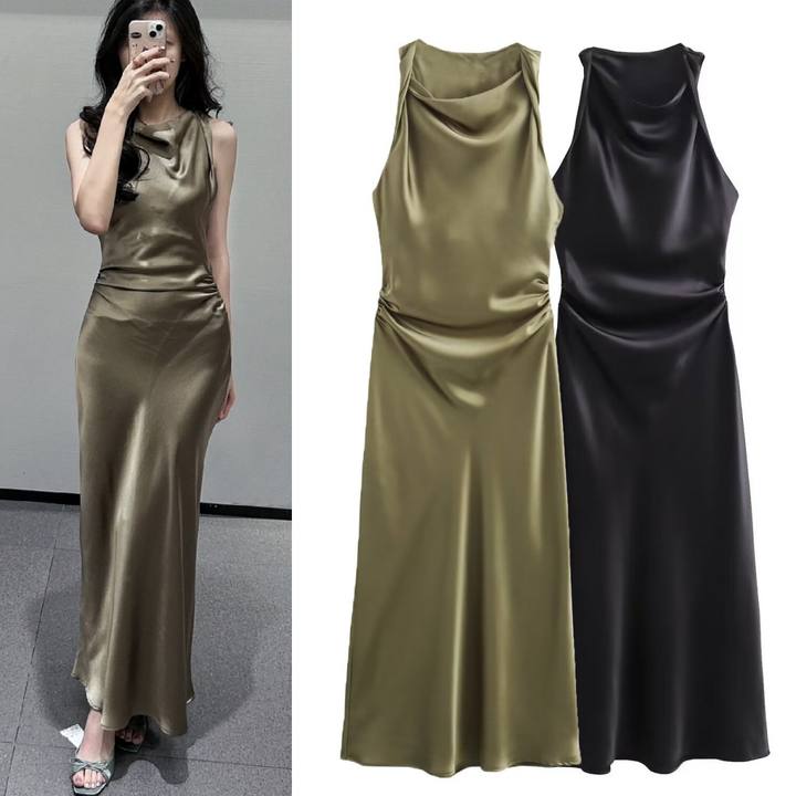 ETJ Elegant Wrinkled Silk Satin Party Dress For Women Slim Sleeveless Fashion Evening Dress 2025 Summer Collection
