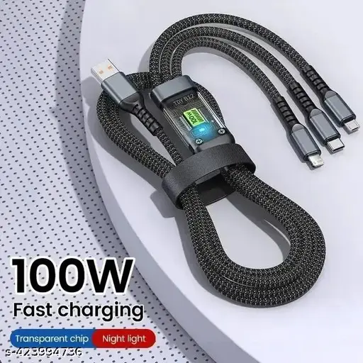 Transparent Luminous Super Fast Charging 3-in-1 Data Cable, 3-in-1 Super Fast Charging Cable, for lighting cable, Android, Type-C Devices (1pcs)