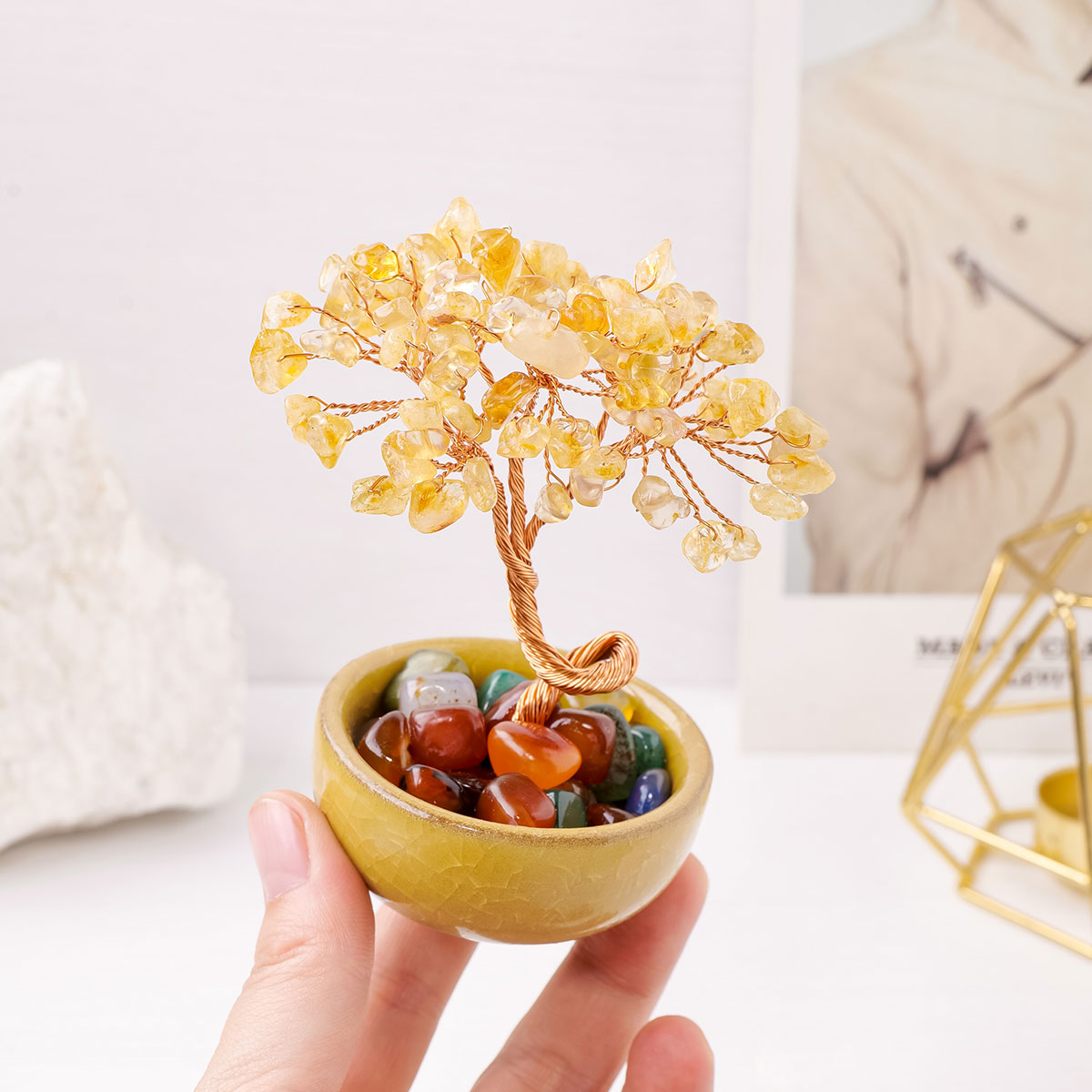 1PC Natural Crystal Tree Energy Stone Citrine Money Tree Copper Wire ...