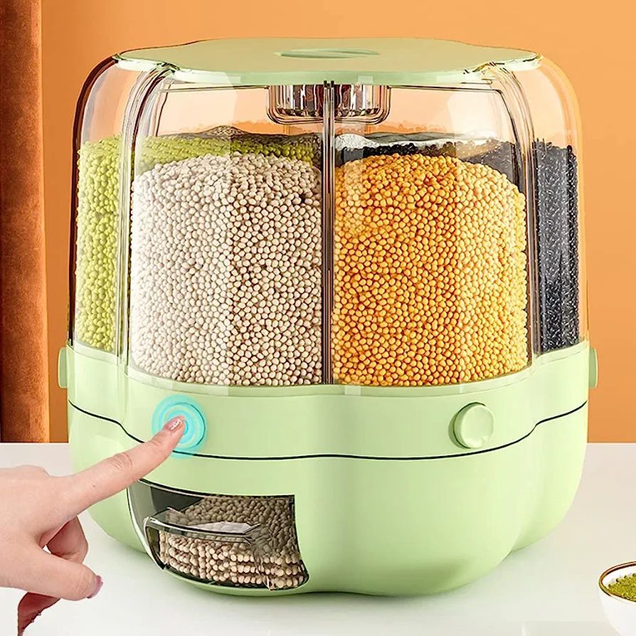 Rice Dispenser, 6-Grid 12lbs Rotating Rice Dispenser, Rice & Grain Storage Container, One-Click Rice Output, Visible And Round Rice Storage Bucket For Grains, Snacks, Candy, Coffee Beans, Dog Food