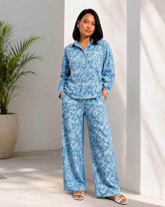 S factories | Stylish Silk Printed Two-Piece Co-ord Set Long Sleeve Casual Outfit for Women