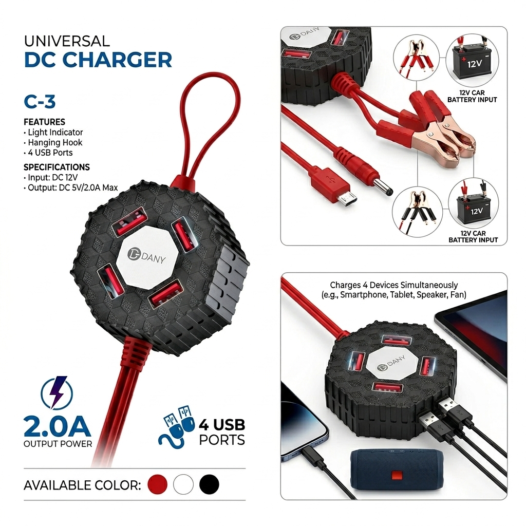 Danny C 3 Clipper Charger Solar Charger 4 USB Ports Battery DC Solar Mobile Phone Adapter Clamp Power Cable Pakistan