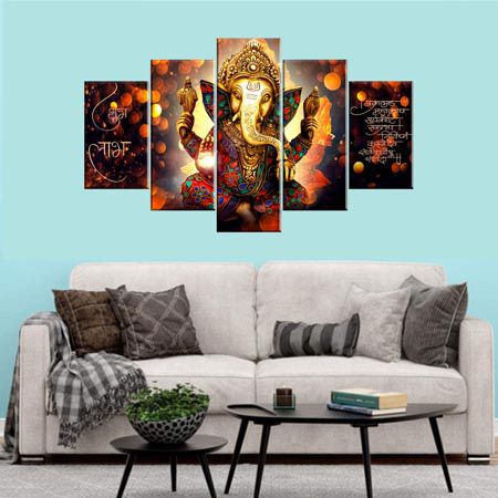 5 Piece Panel Ganesh Light Wall Hang God Canvas Art with Frame