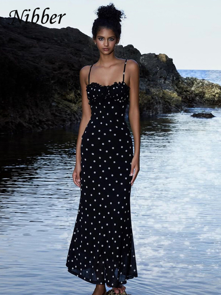 Nibber Summer Trend Slash Neck Dress Women Polka Dots Print Spaghetti Strap  Solid Skinny Elegant Clubwear Maxi Bodycon Vestidos | Daraz.com.np