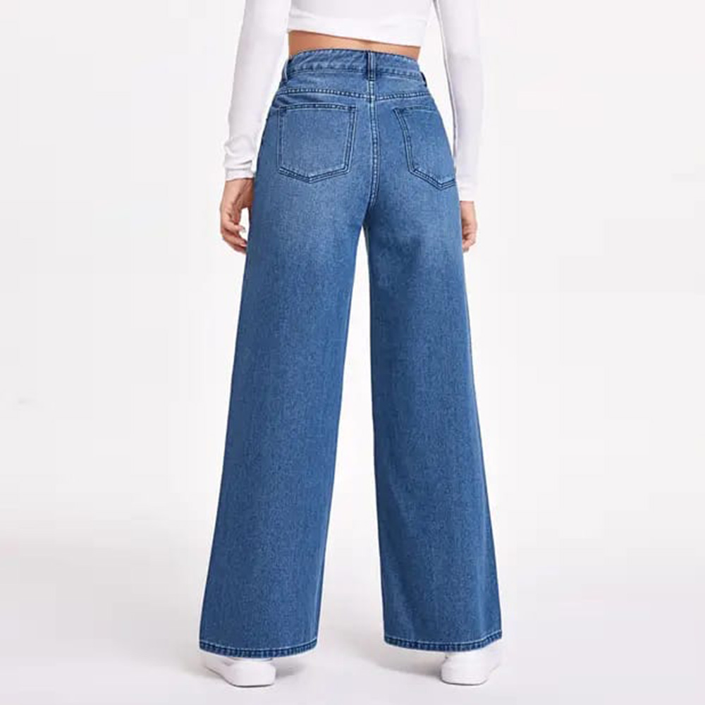 New High-Waist Wide-Leg Blue Denim Jeans for Women Full Length Full Length - Multi Size