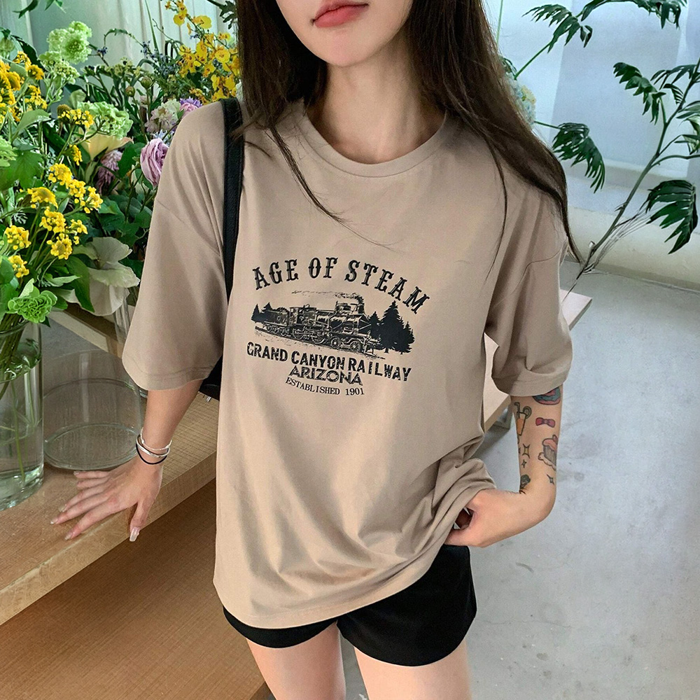 Summer Age Of Steam Oversized Printed Design Multicolor T-shirt  For Women